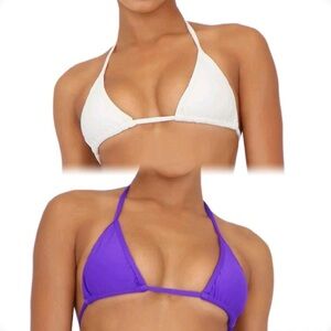 2pc Triangle Halter Style Bikini Tops – White & Purple Set of 2 – Size Small